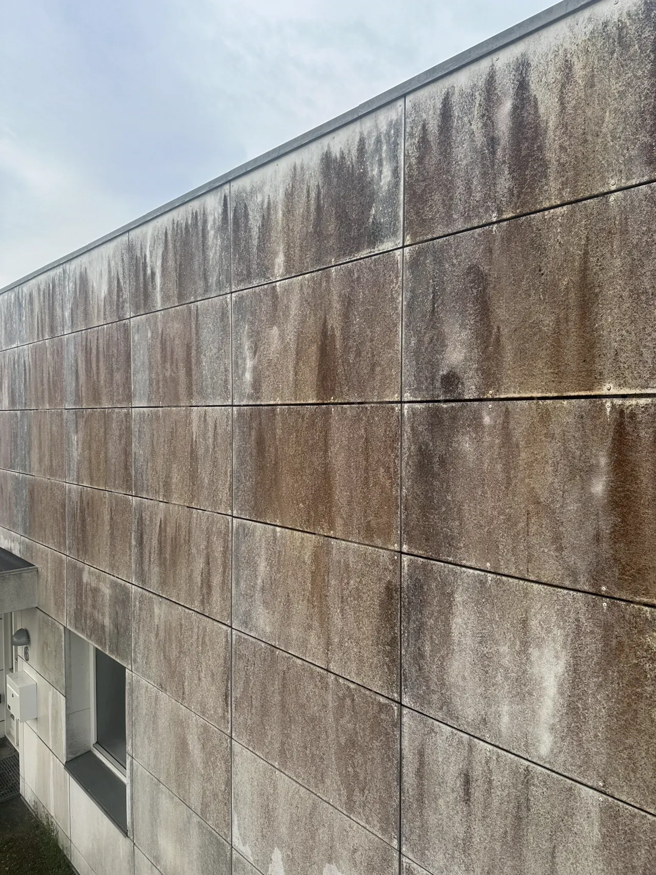Betonelementfacade med brune striber og algevækst før facaderens